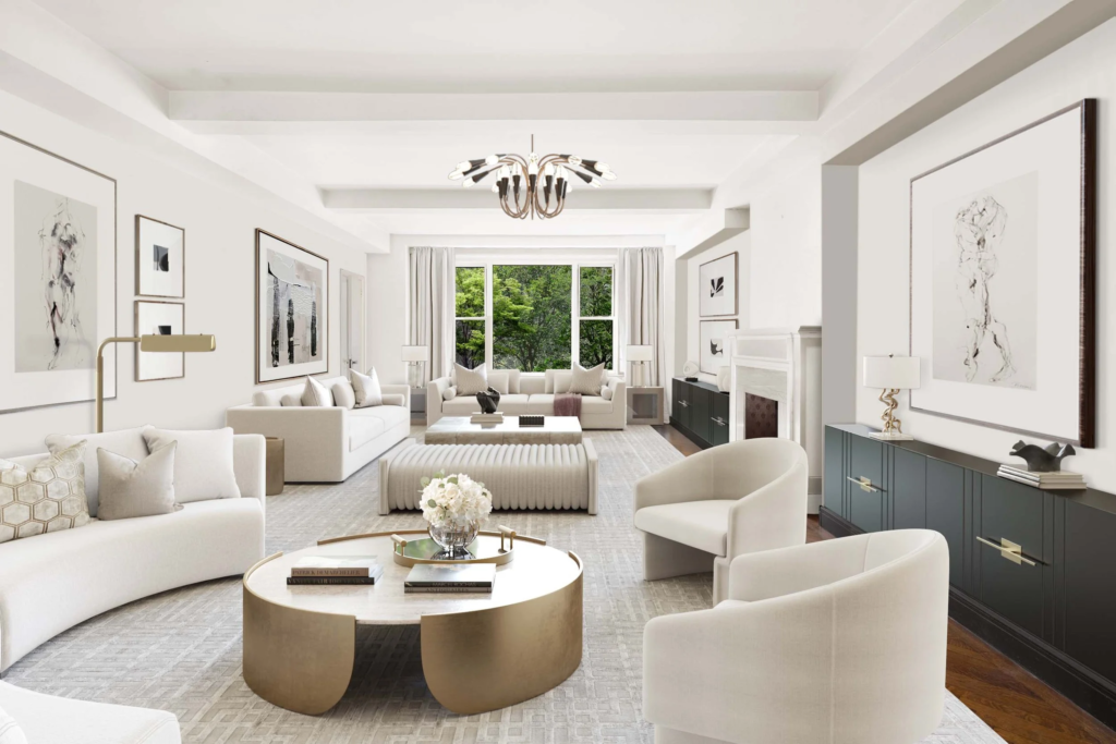 Neutral timeless interior design living room staged for home buyers