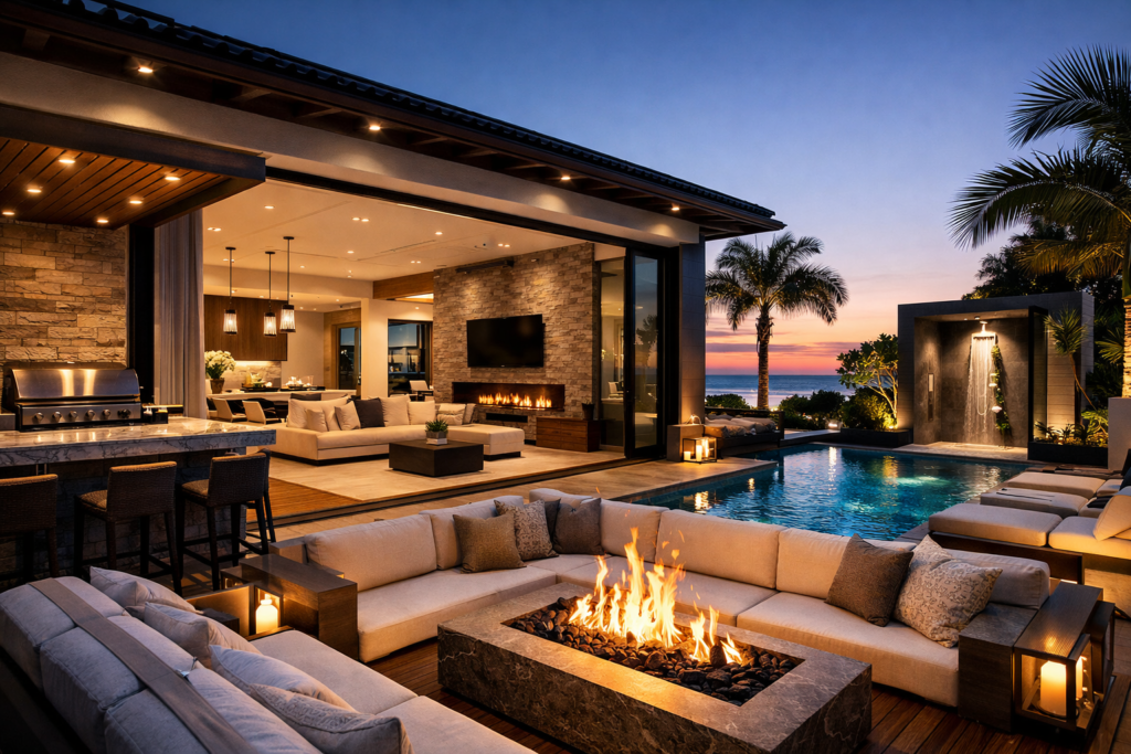 Luxury modern home with outdoor kitchen, fire pit seating area, swimming pool, and seamless indoor-outdoor living design at sunset