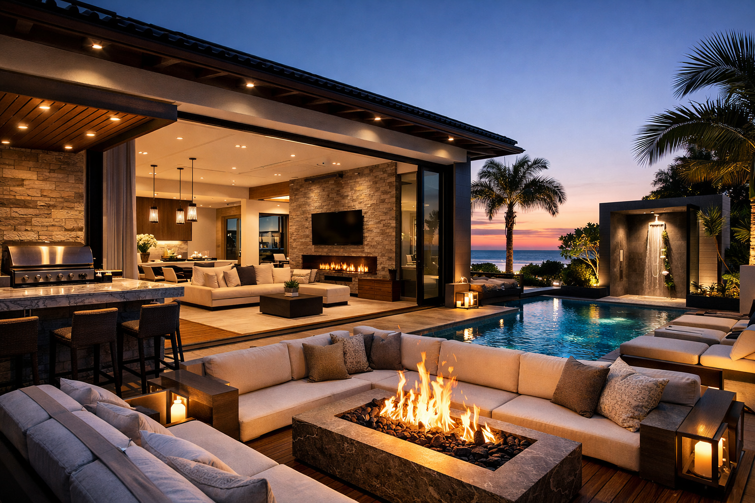 Luxury modern home with outdoor kitchen, fire pit seating area, swimming pool, and seamless indoor-outdoor living design at sunset