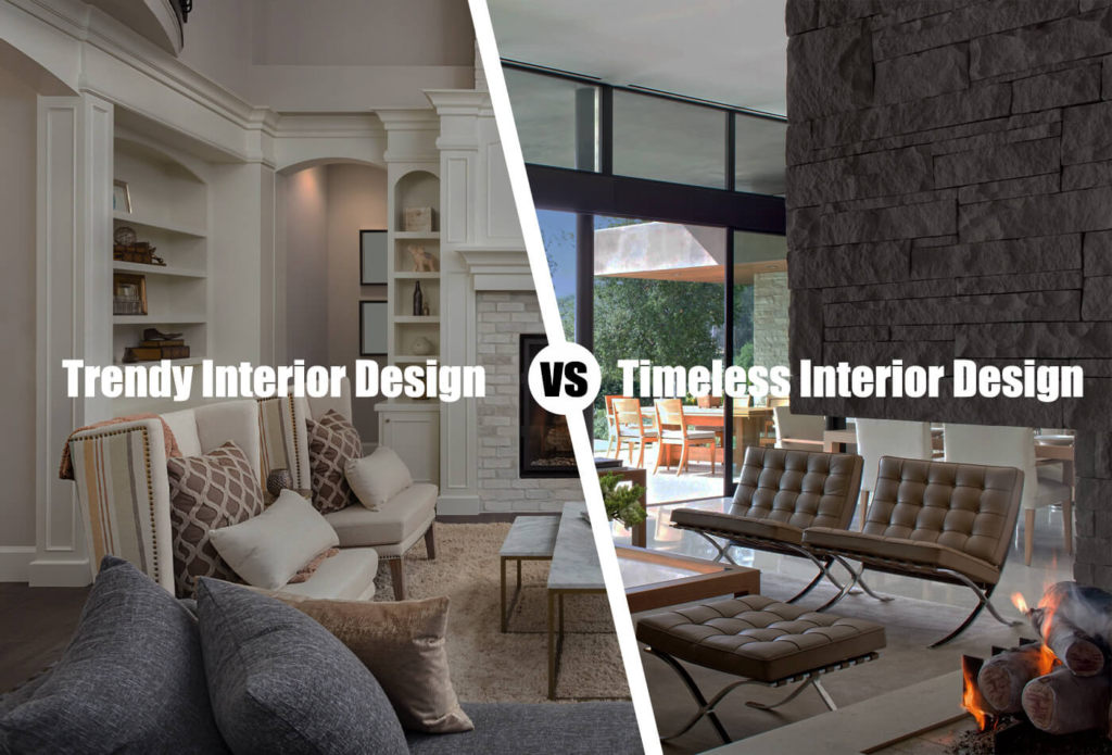 Comparison of trendy bold interior design and calm timeless neutral space