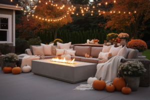luxury outdoor patio with fire pit seating, string lights, cozy cushions, and landscaped backyard