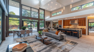 open concept luxury living room with high ceilings, large windows, modern kitchen, and indoor outdoor connection