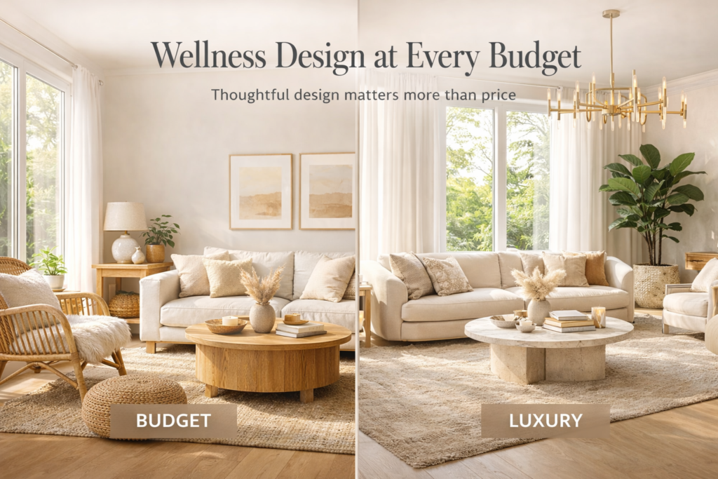Split view of budget vs luxury wellness home interiors showing simple and high-end design elements