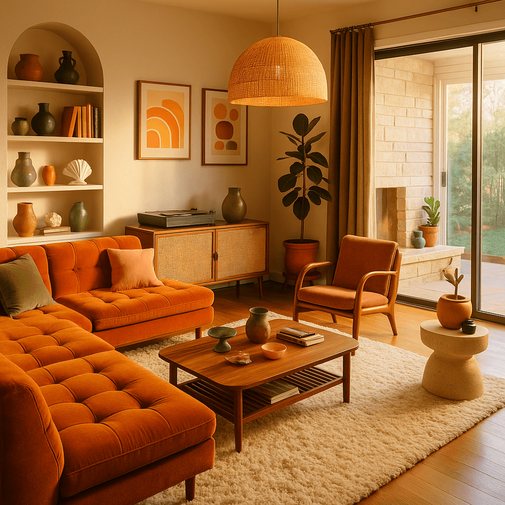 timeless wellness home interior with warm evening lighting