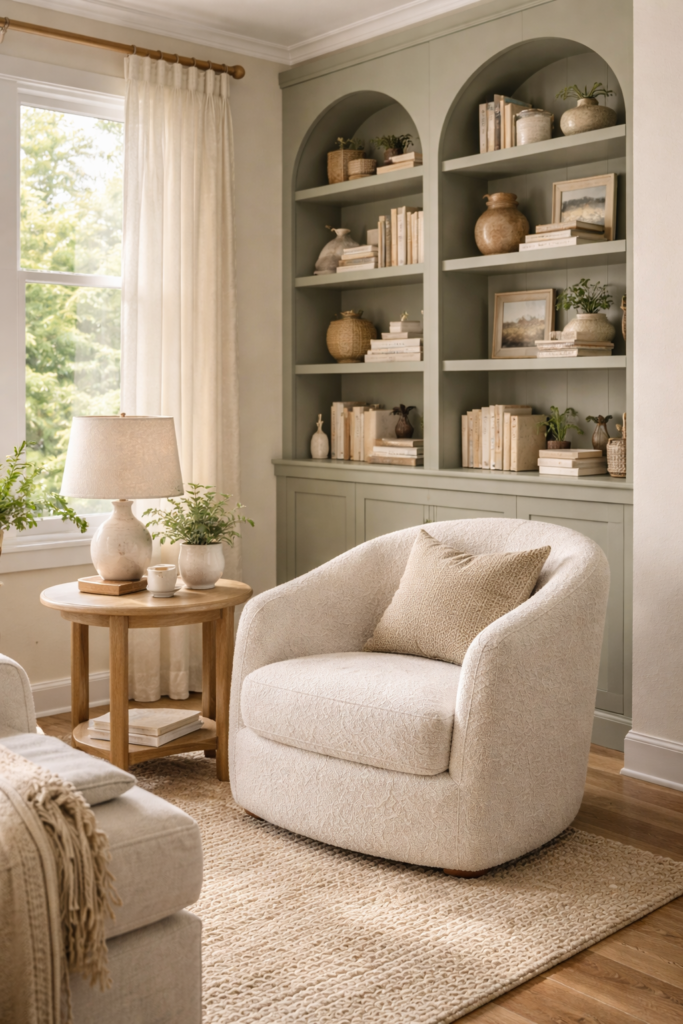 Cozy reading corner with built-in bookshelves, layered lighting, and spring daylight