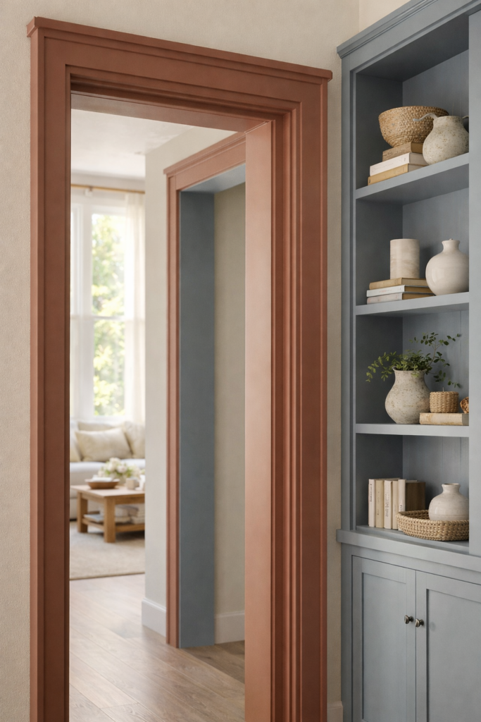 Doorway and shelving with contrasting peek-a-boo paint accents in terracotta and dusty blue