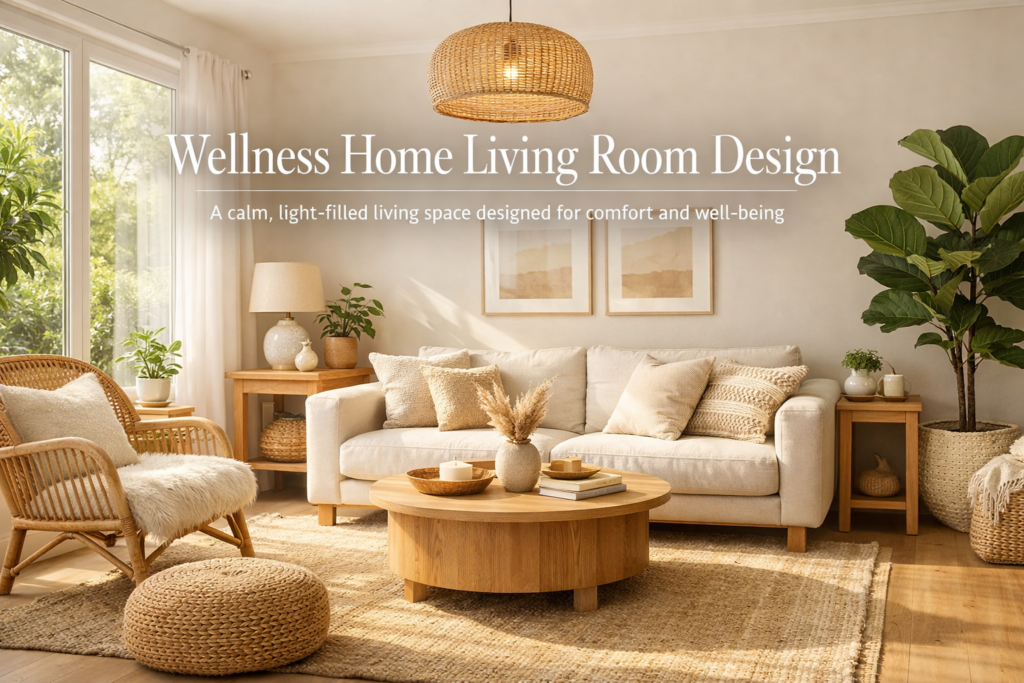 Bright modern wellness living room with natural light, warm neutral tones, indoor plants, and soft textured furnishings