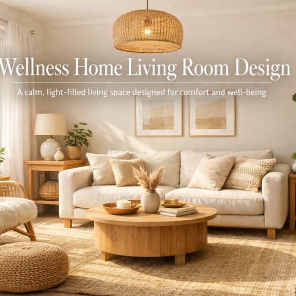 Bright modern wellness living room with natural light, warm neutral tones, indoor plants, and soft textured furnishings