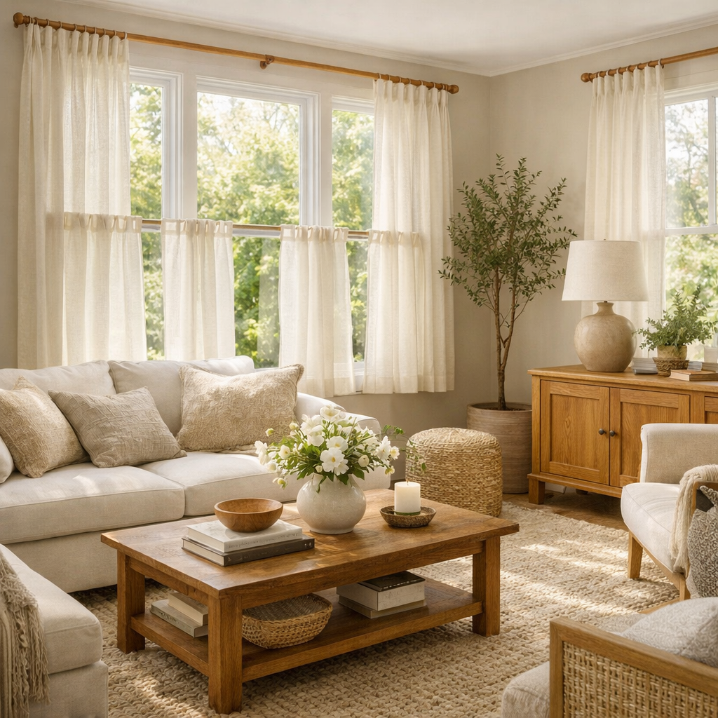 Bright spring living room with café curtains, layered textures, and soft natural light