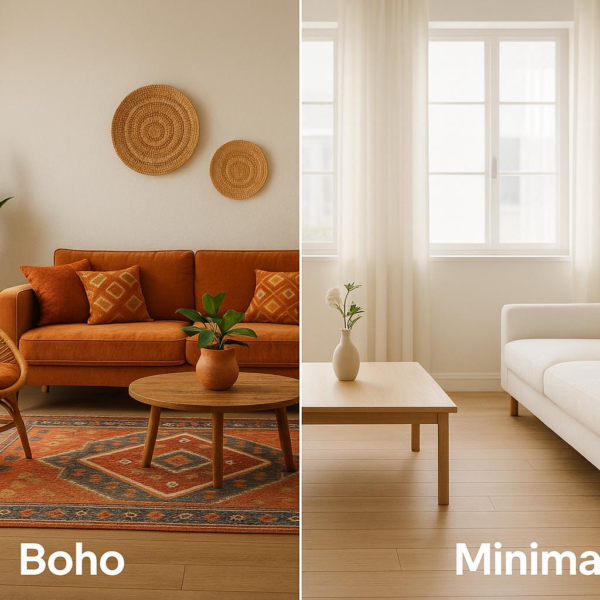 Comparison of outdated white and grey home interiors with modern warm-toned kitchen and cozy living room design trends in 2026