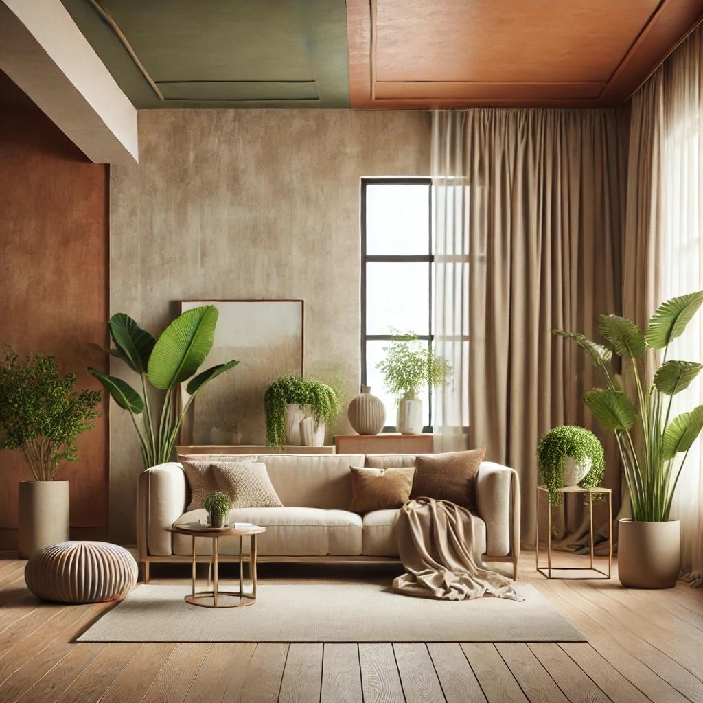 Spring 2026 interior decor trends featuring a warm earthy living room with natural textures, indoor plants, and soft layered styling