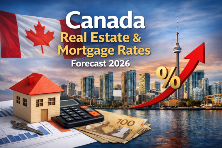 Canada real estate and mortgage rates forecast 2026 featured image showing a house model, calculator, Canadian dollars, Toronto skyline, Canadian flag, and upward trend arrow.