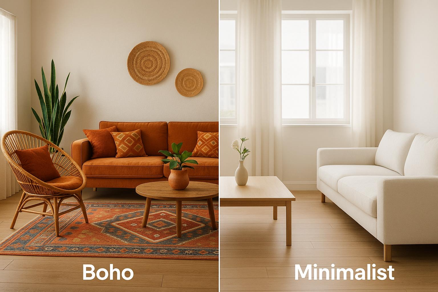 Comparison of outdated white and grey home interiors with modern warm-toned kitchen and cozy living room design trends in 2026