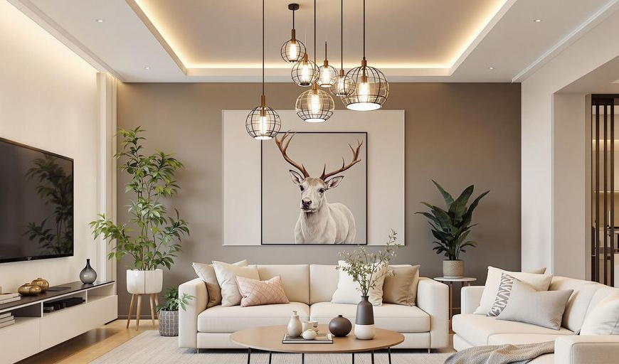 Modern living room with upgraded lighting, neutral tones, and decor showing high-impact low-cost home improvements that increase perceived value