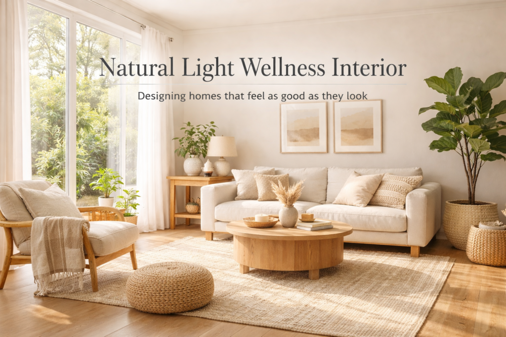 Minimalist wellness living room with large windows, natural sunlight, neutral tones, and indoor plants