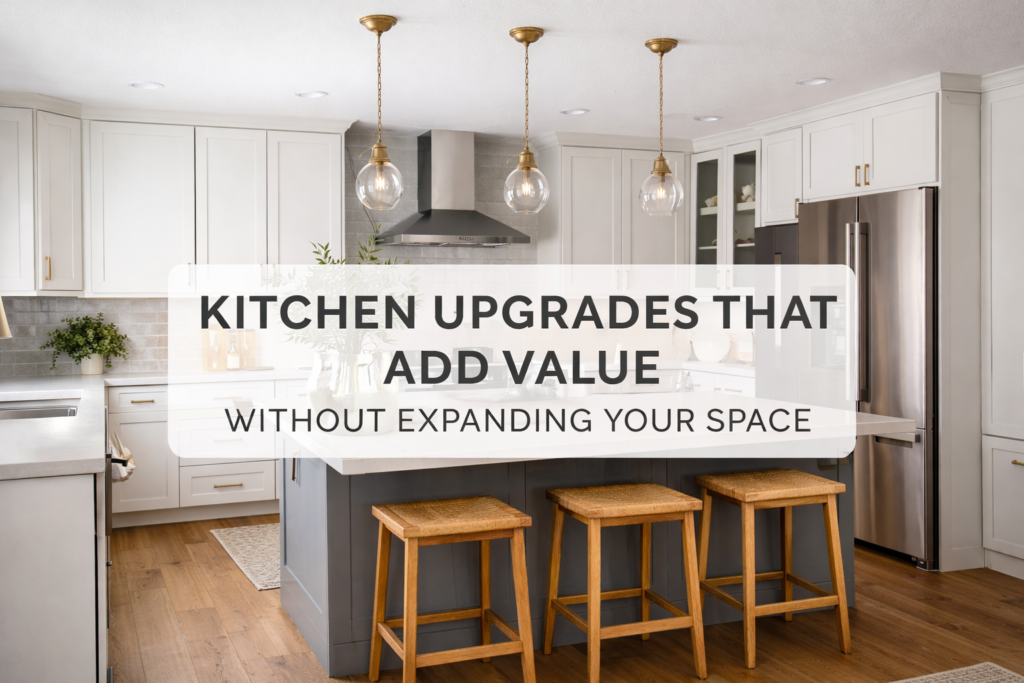 Modern small kitchen featuring smart kitchen upgrades that add value without expanding your space, including white cabinets, quartz countertops, pendant lighting, and functional island seating