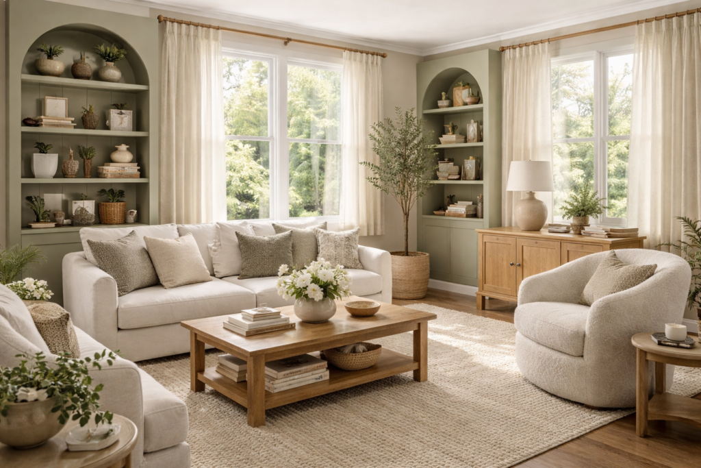 Transitional living room with soft drapery, styled bookshelves, and layered textures for spring 2026