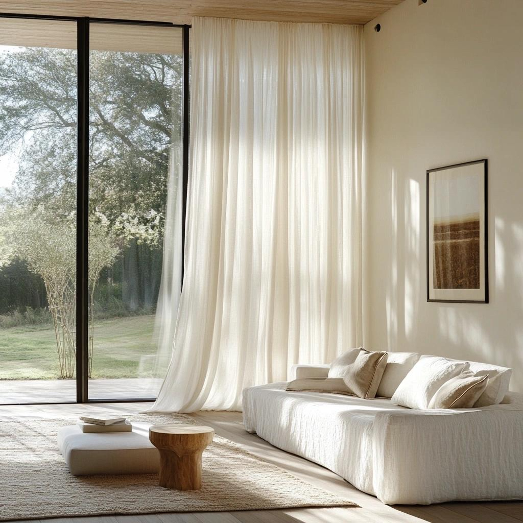 bright living room with large window, sheer curtains and natural sunlight for spring room refresh ideas