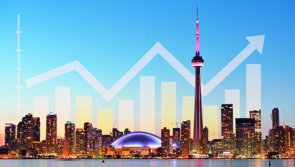 Canadian skyline with financial graph overlay showing bond yields and mortgage rate trends in 2026
