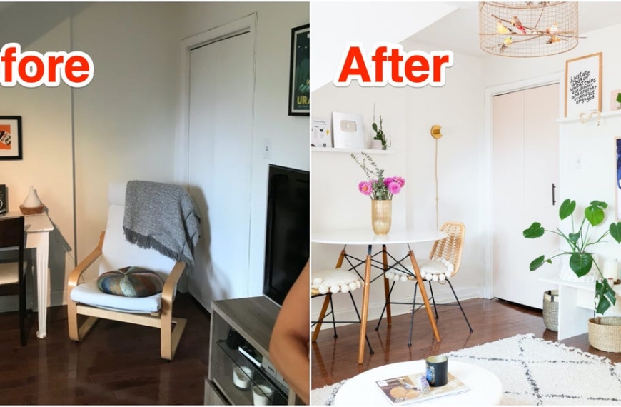Before and after small room decor transformation showing budget-friendly upgrades with furniture, plants, and styling improvements