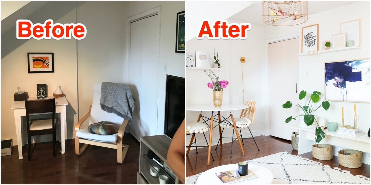 Before and after small room decor transformation showing budget-friendly upgrades with furniture, plants, and styling improvements