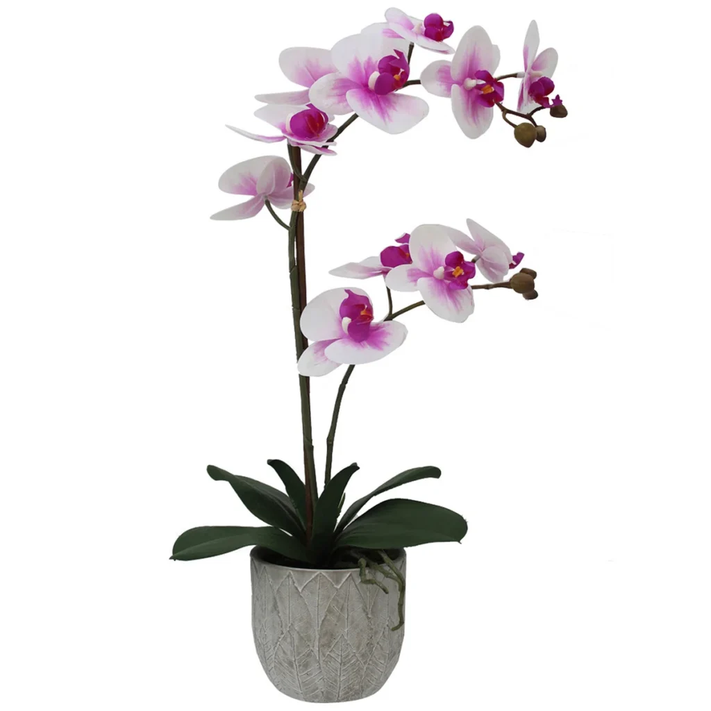 Artificial pink orchid plant with white and magenta blooms arranged on two arching stems, displayed in a textured grey decorative pot against a clean white background.
