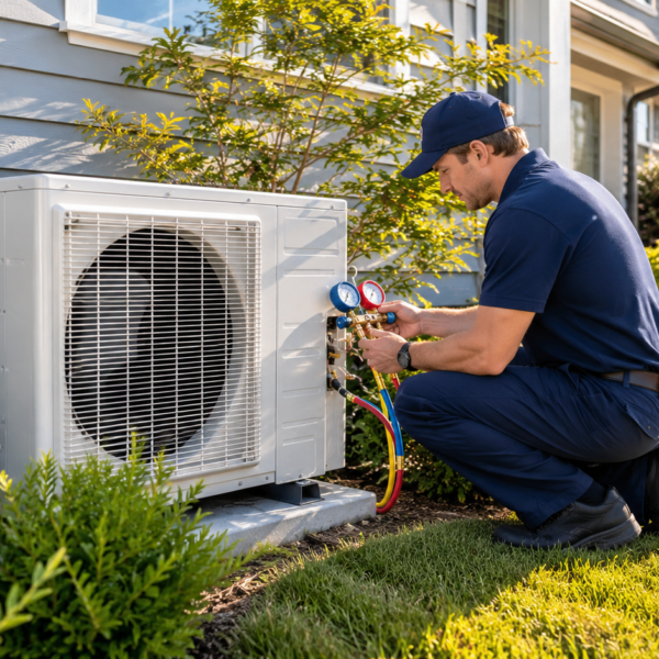 HVAC technician in a navy uniform kneeling beside a white outdoor AC condenser unit outside a modern suburban home, using professional gauges in bright spring sunlight with green landscaping around the unit.
