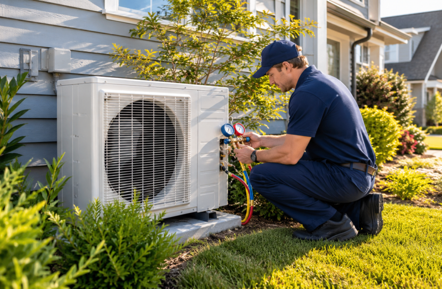 HVAC technician in a navy uniform kneeling beside a white outdoor AC condenser unit outside a modern suburban home, using professional gauges in bright spring sunlight with green landscaping around the unit.