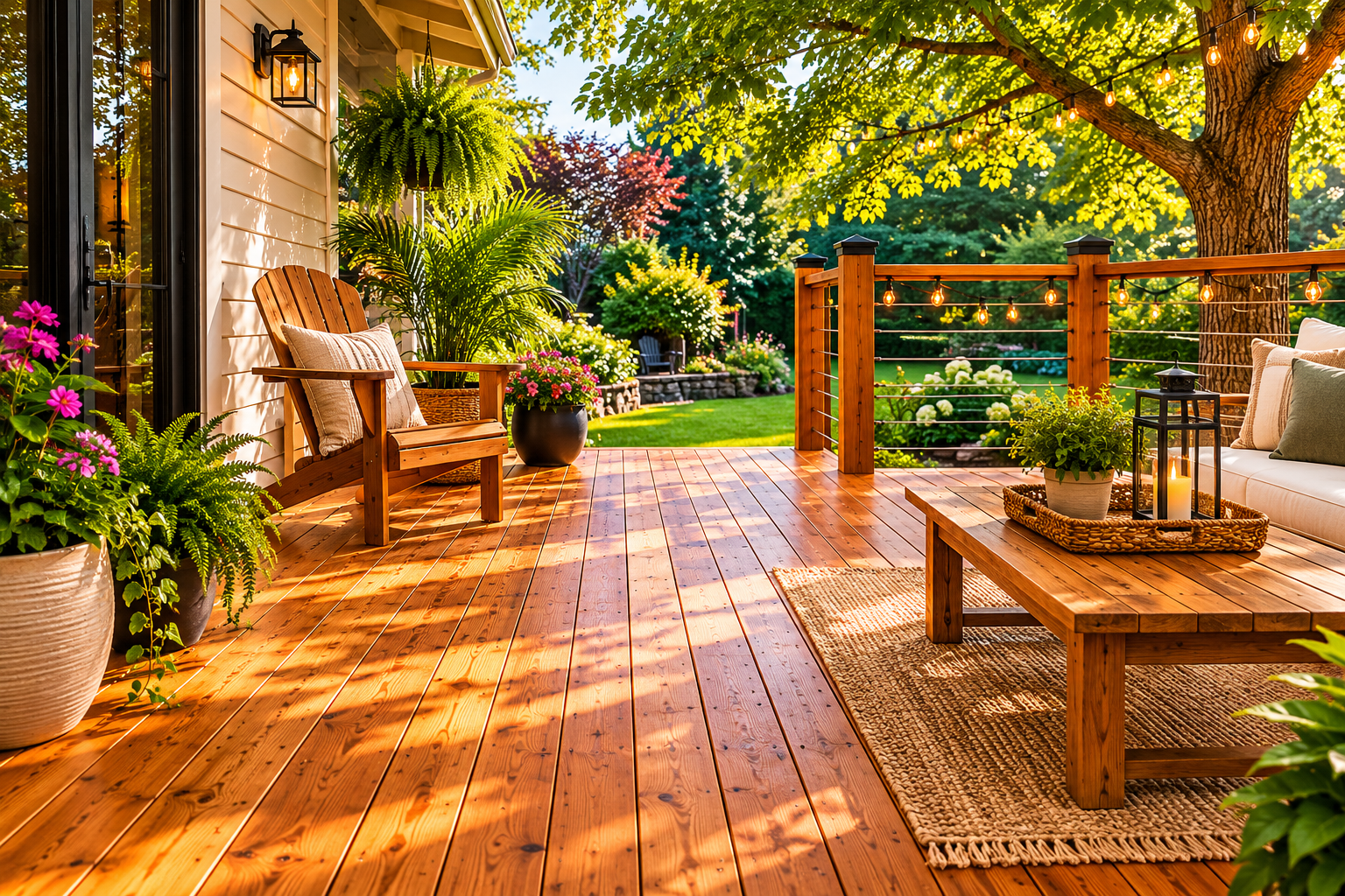 Freshly sealed natural wood deck in warm late-morning light, ready for summer