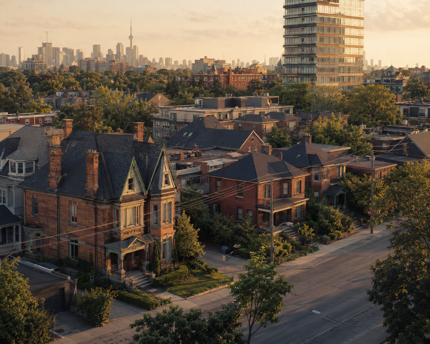 Aerial view of a Toronto residential neighbourhood at golden hour, showing a mix of detached homes, semi-detached houses, and a condo tower in the distance