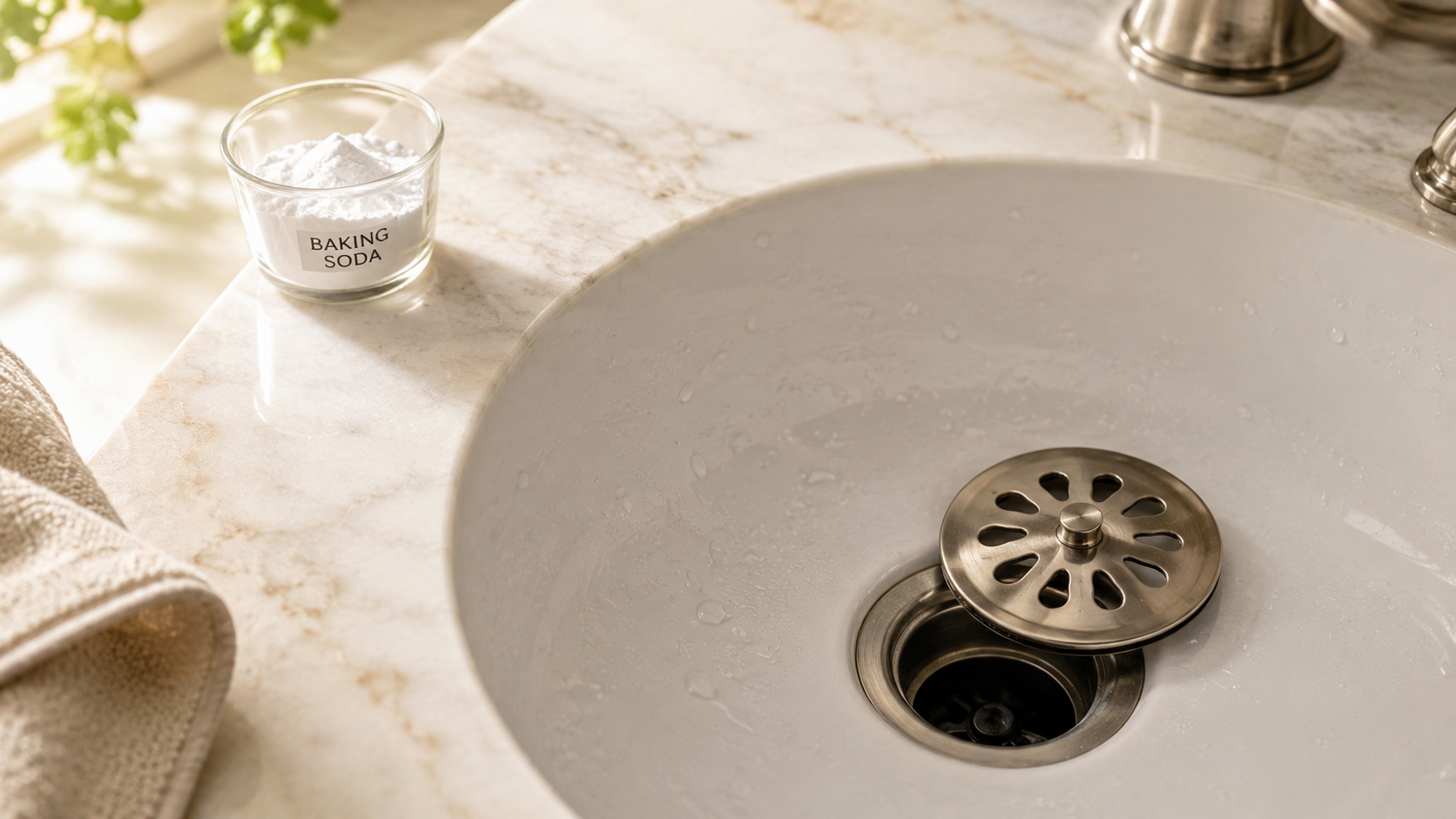 Close-up of a bathroom sink drain being cleaned without harsh chemicals
