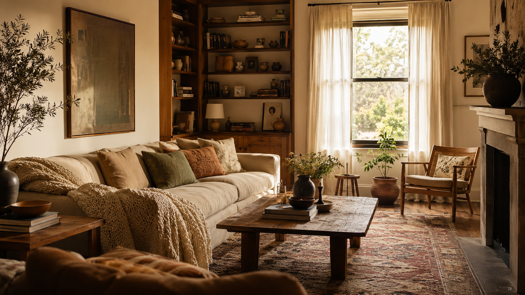 A warm, layered living room interior bathed in natural light — home improvement trends 2026