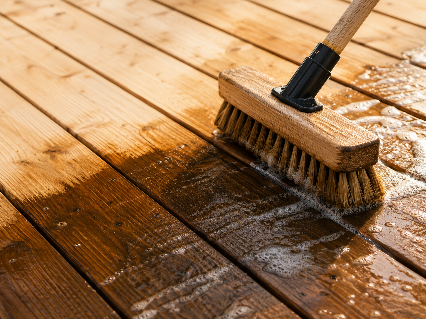 Stiff-bristled deck brush scrubbing natural wood planks with cleaning solution