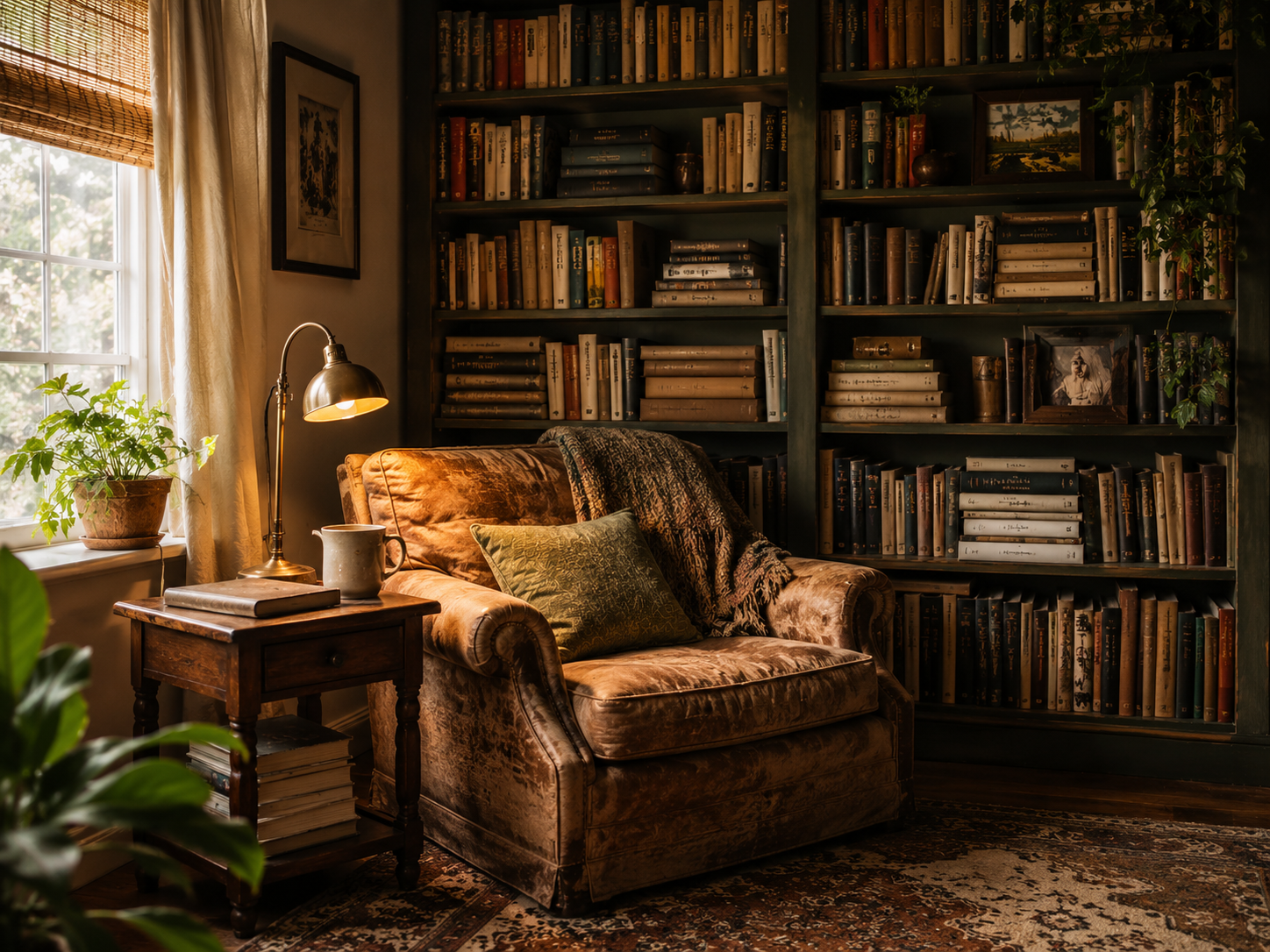 Cozy reading nook with floor-to-ceiling bookshelves, vintage furniture and rich wood tones