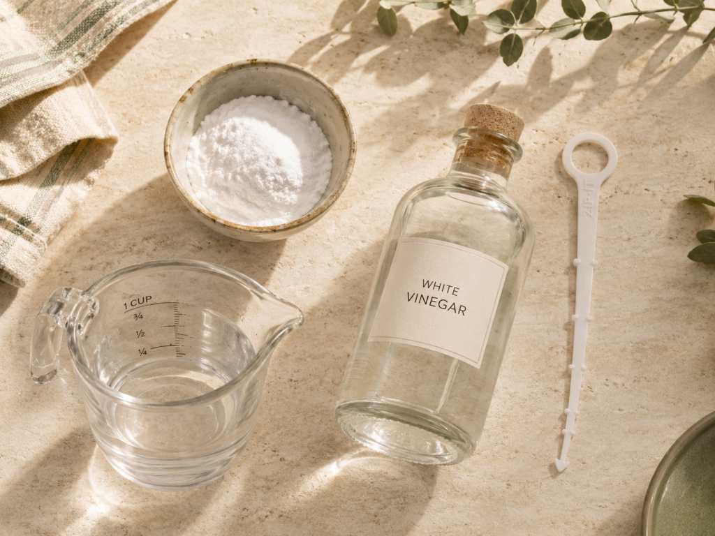 Overhead flat-lay of baking soda in a ceramic bowl, a glass bottle of white vinegar, a measuring cup, and a plastic zip-it drain tool arranged on a warm cream stone surface with soft natural light and subtle greenery accents.