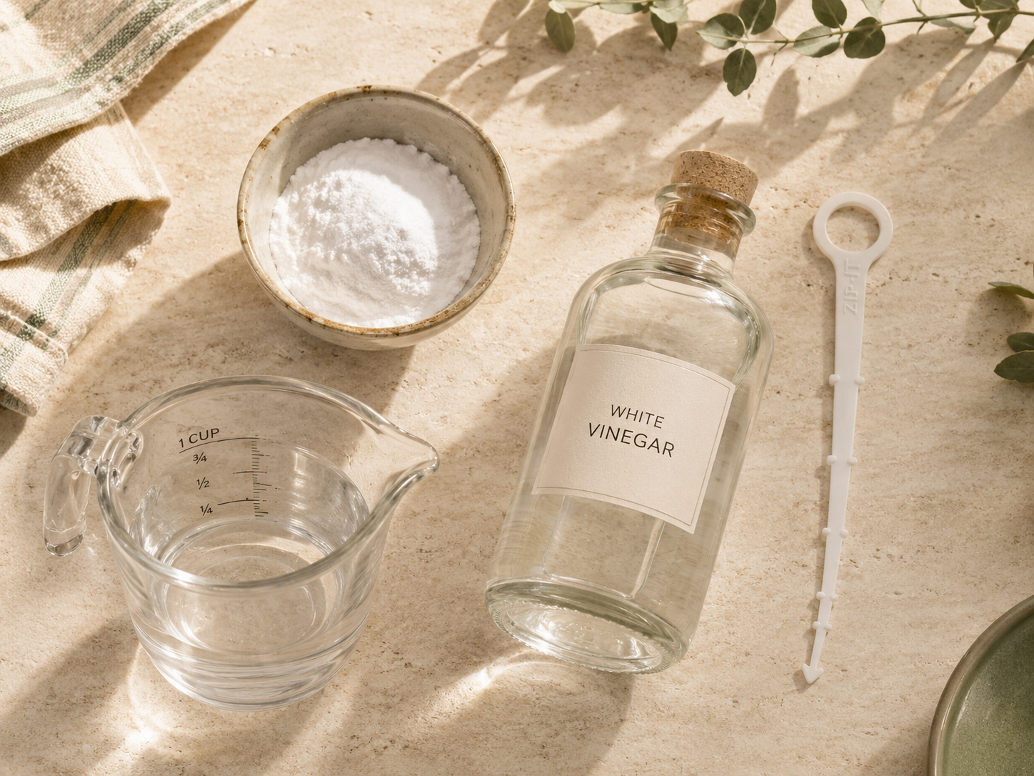Baking soda and white vinegar — natural drain cleaning supplies laid out on a countertop