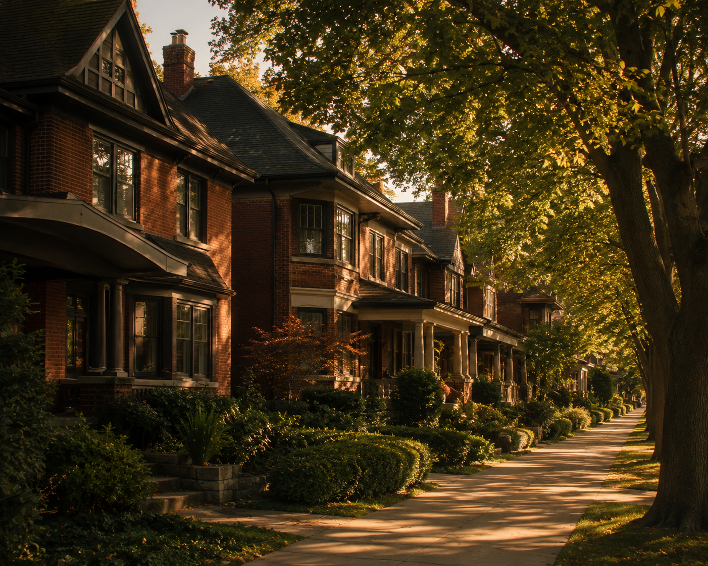 Quiet Toronto residential street lined with detached century homes and mature trees in warm late afternoon light