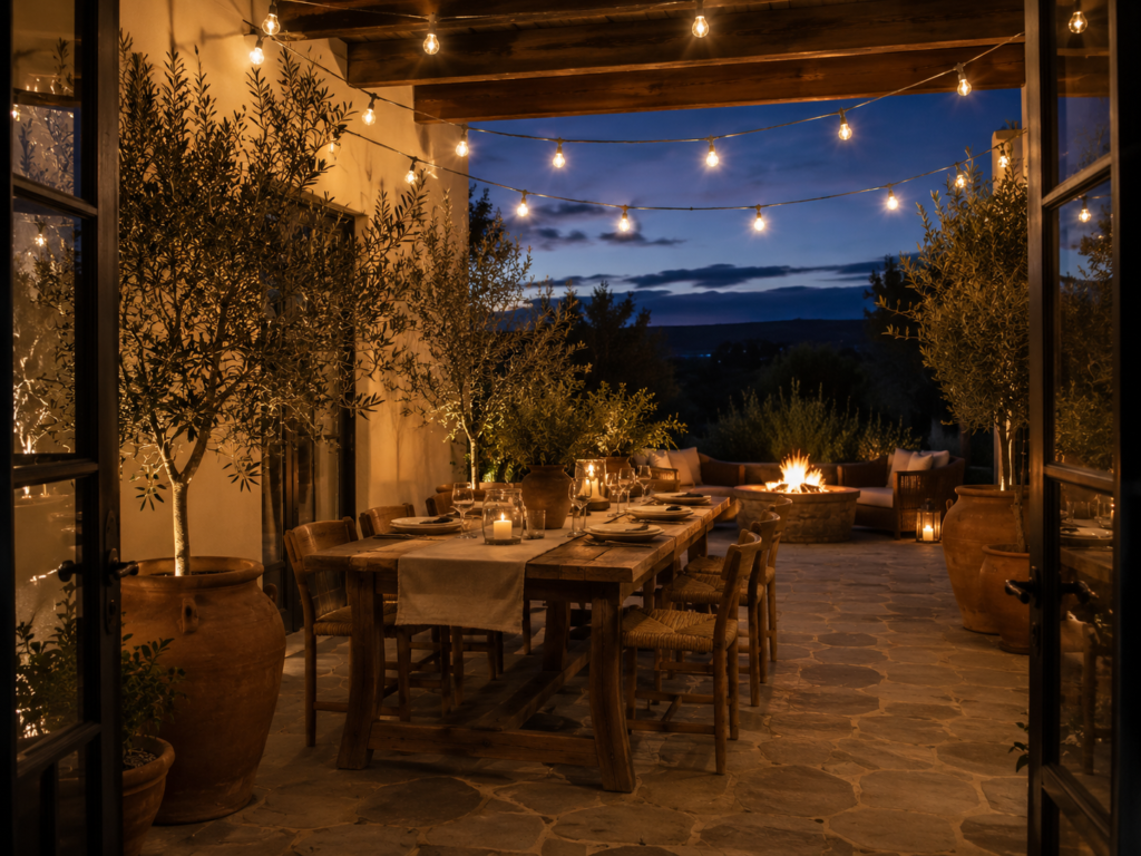 A covered backyard patio at dusk with string lights hanging above a natural wood dining table, terracotta pots with olive trees, stone flooring, and a glowing fire pit beneath a deep blue evening sky.