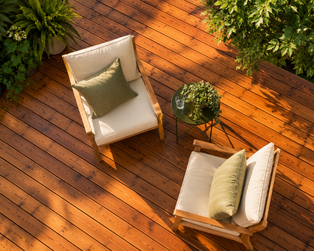Elevated overhead view of a freshly sealed natural wood deck with two minimalist lounge chairs featuring cream and sage cushions, a small side table with a glass of water and trailing plant, all bathed in warm late afternoon sunlight.