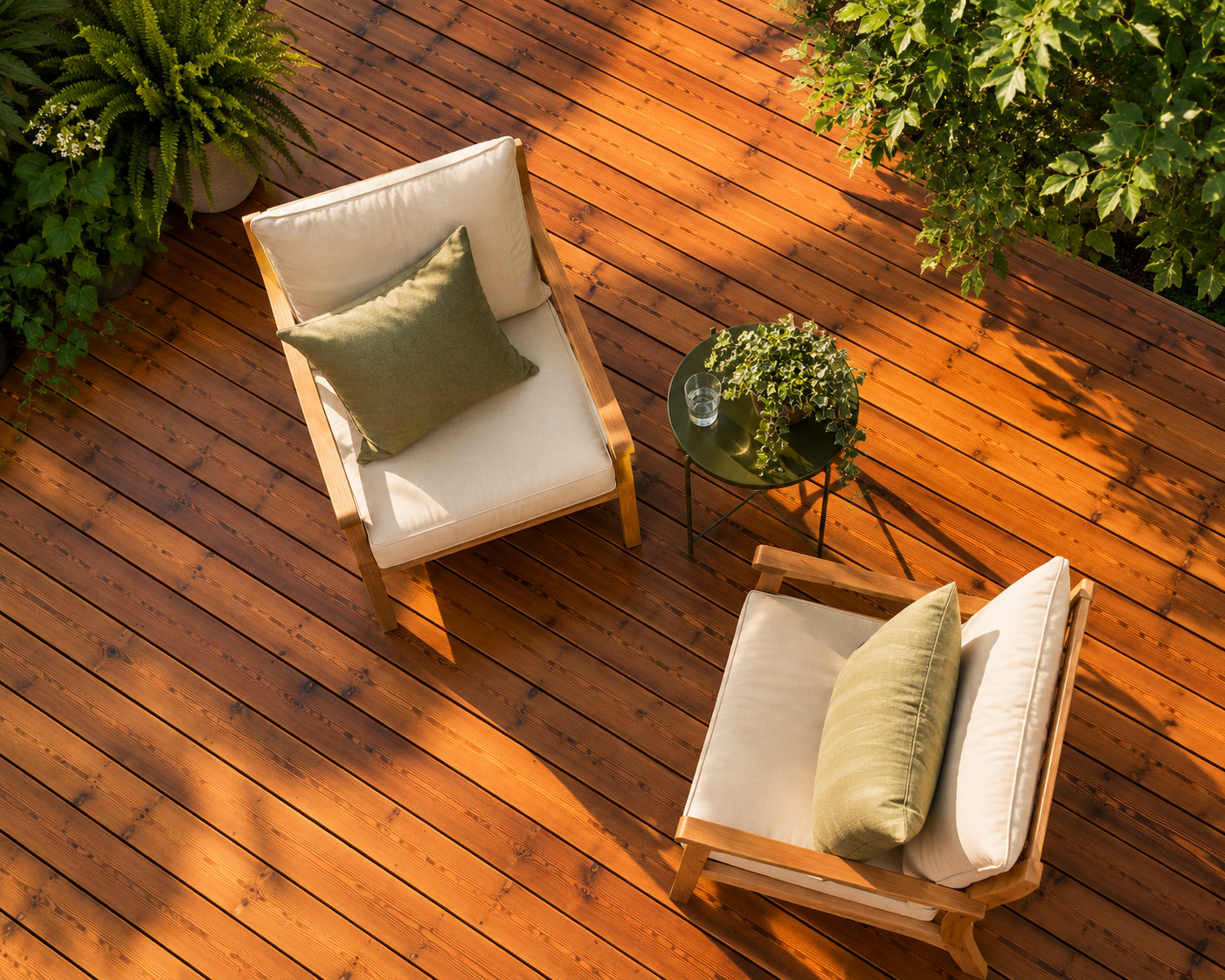 Freshly sealed wooden deck with linen lounge chairs catching warm afternoon sun