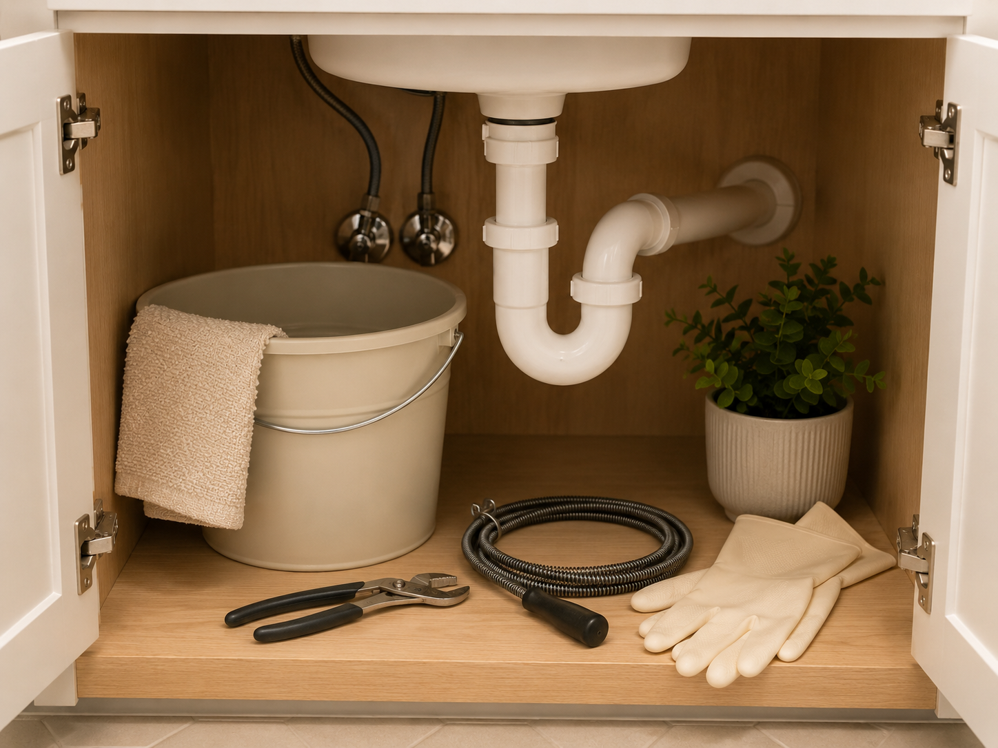 Organized under-sink cabinet showing a drain snake, pliers, rubber gloves and a P-trap pipe