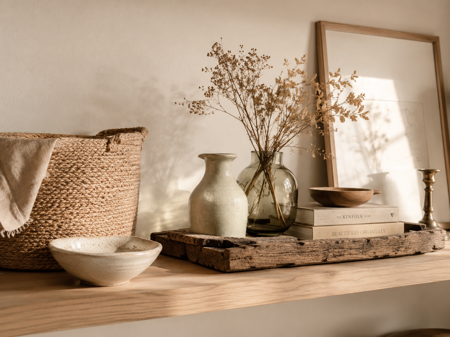 Warm shelf vignette styled with a reclaimed wood tray, woven jute basket, ceramic bowl, and dried stems in soft afternoon light