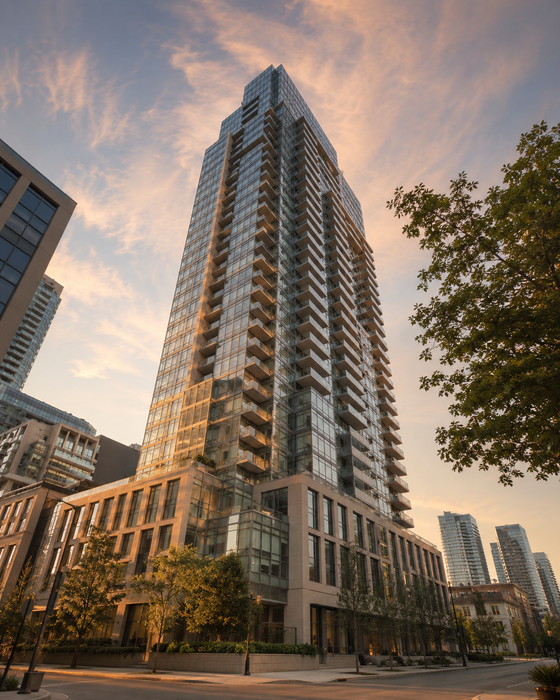 Modern glass condo building exterior in downtown Toronto photographed from a low angle in warm sunlight