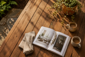 Warm-toned wood deck with editorial styling featuring ceramic coffee mugs, an open home design book, linen napkin, and terracotta planter in golden afternoon light.
