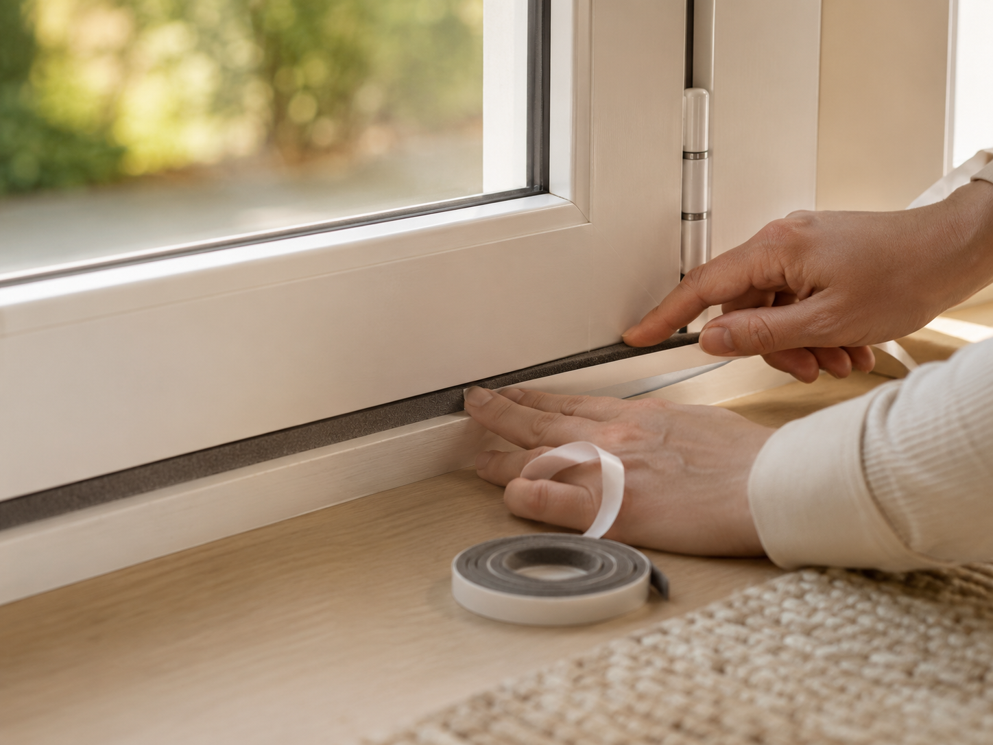 Applying weatherstrip foam tape to seal door drafts and improve home energy efficiency