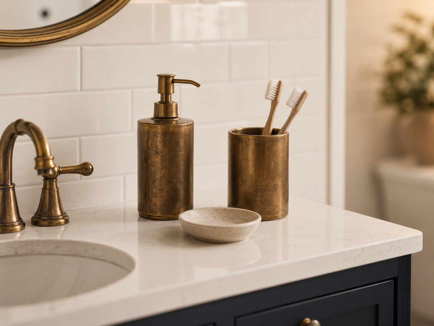 Bathroom vanity with aged brass accessories on quartz countertop