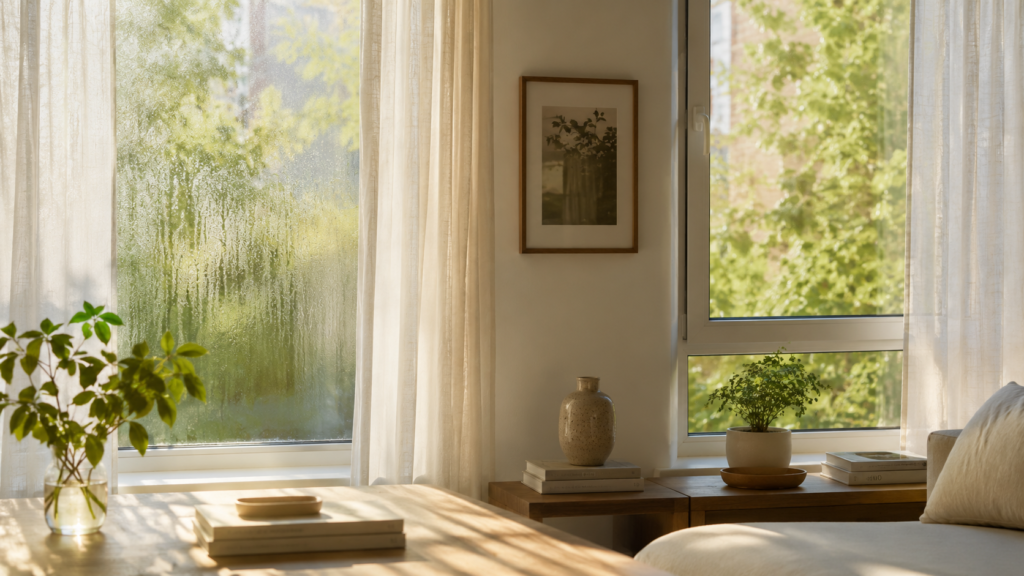 Sunlit early-summer interior with cream and warm white tones, linen curtains, natural wood furnishings, subtle window condensation, and lightly tinted window film in soft morning light.