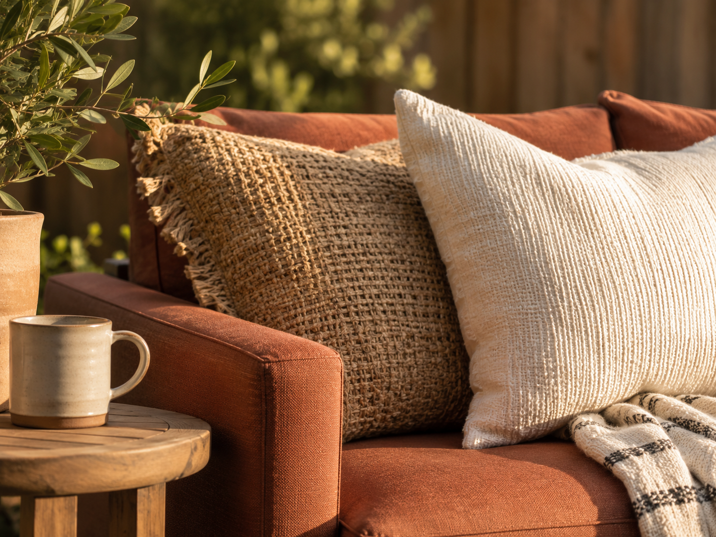Layered outdoor cushion textures in a warm summer patio setting