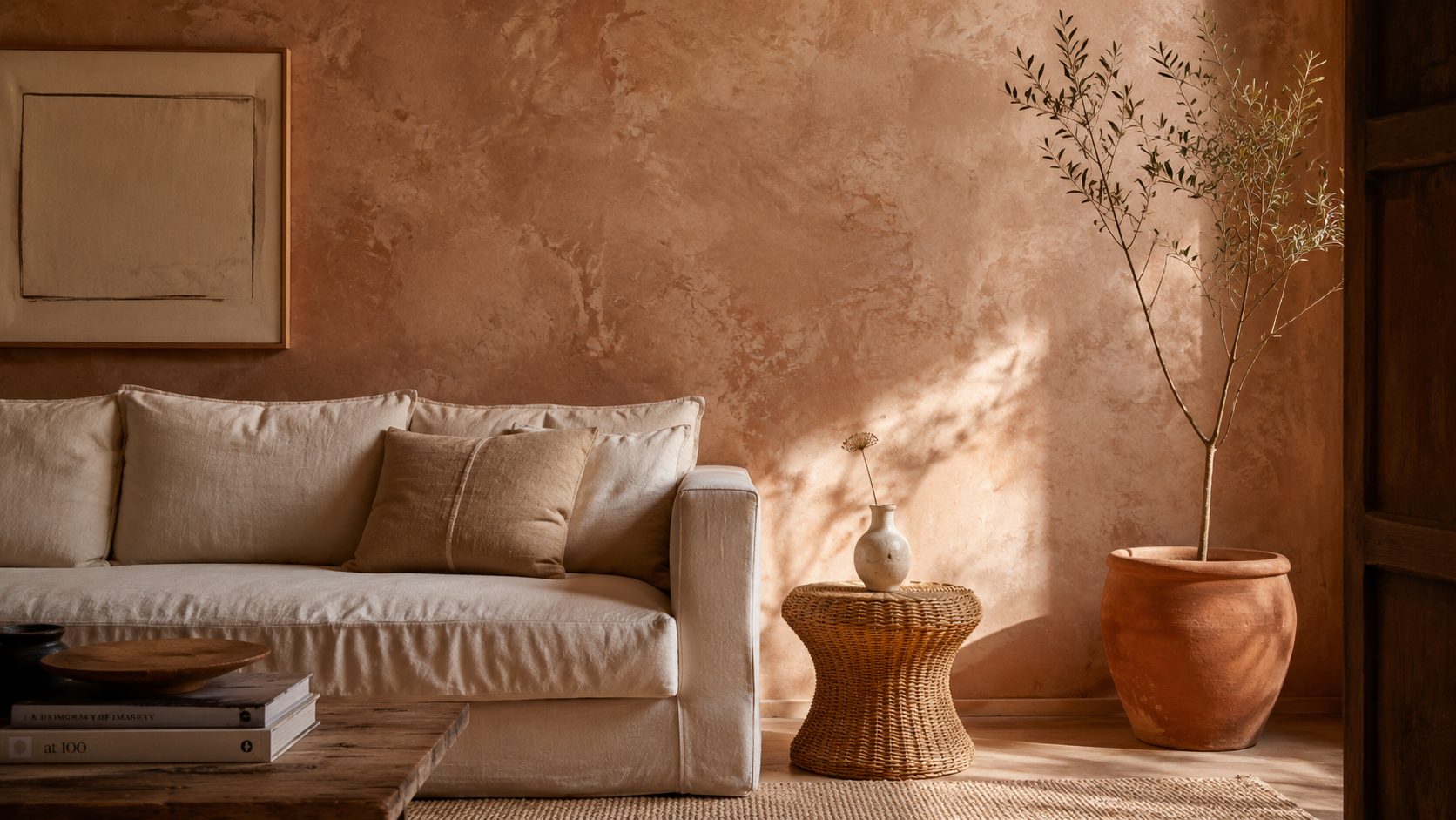Limewashed greige terracotta accent wall with European-inspired living room styling