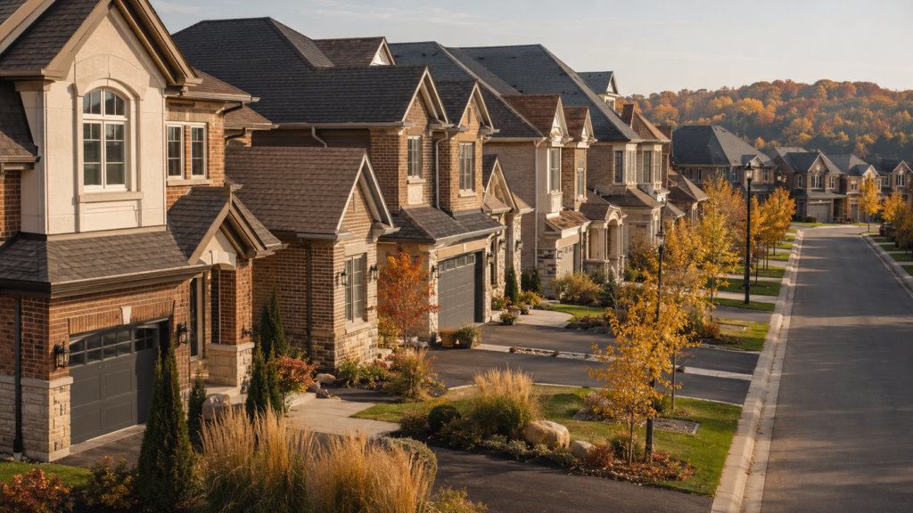 Aerial view of a quiet Canadian suburban street lined with modern brick-and-stone townhomes, landscaped front gardens, and freshly paved driveways under warm mid-morning sunlight.